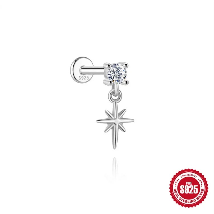 S925 sterling silver star four-leaf clover love moissanite flat head thread pierced bone nail earrings earrings