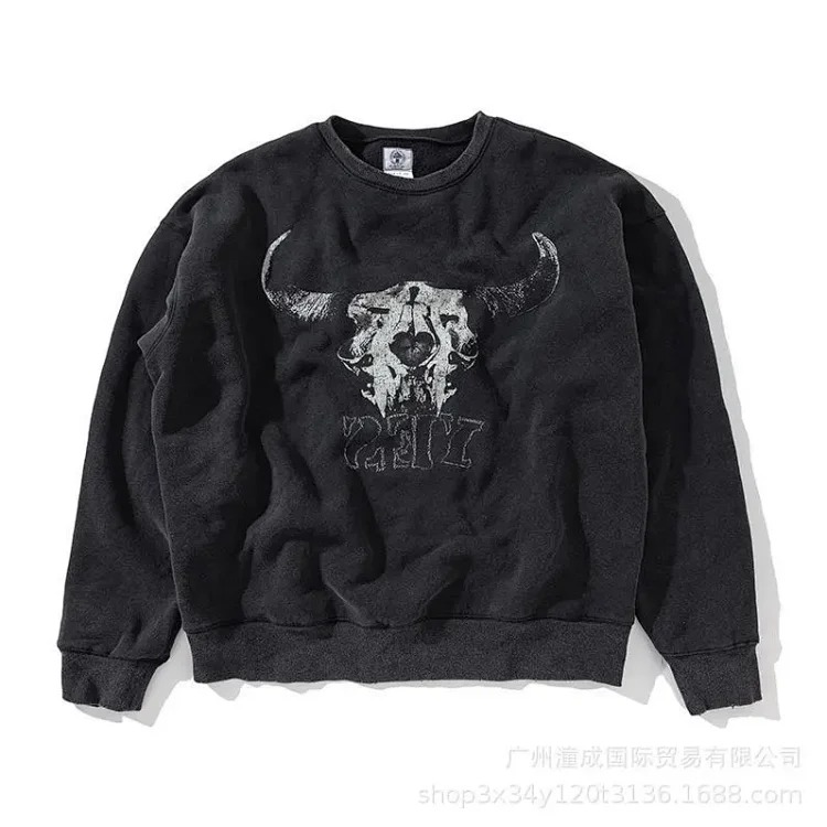 Sa distressed destroyed hot diamond skeleton cracked printed men's and women's sweatshirt hoodie washed and distressed image 5