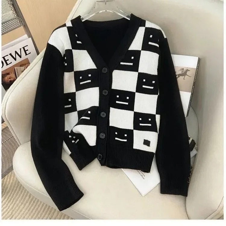 AC smiley face checkered knit cardigan loose unisex sweater