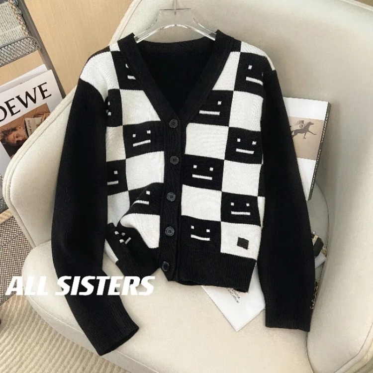 AC smiley face checkered knit cardigan loose unisex sweater