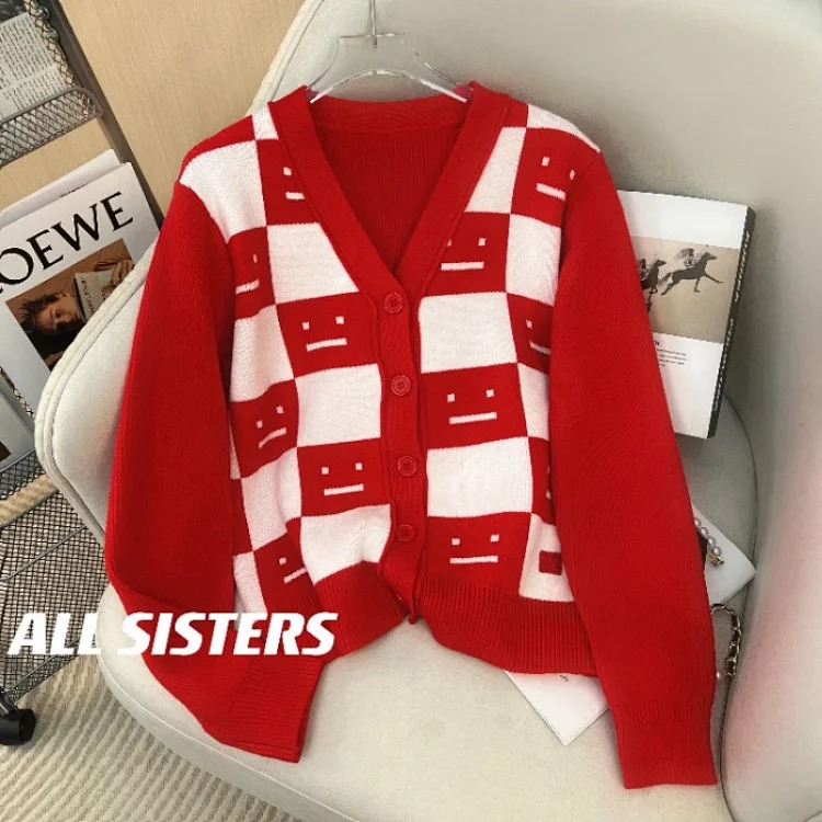 AC smiley face checkered knit cardigan loose unisex sweater