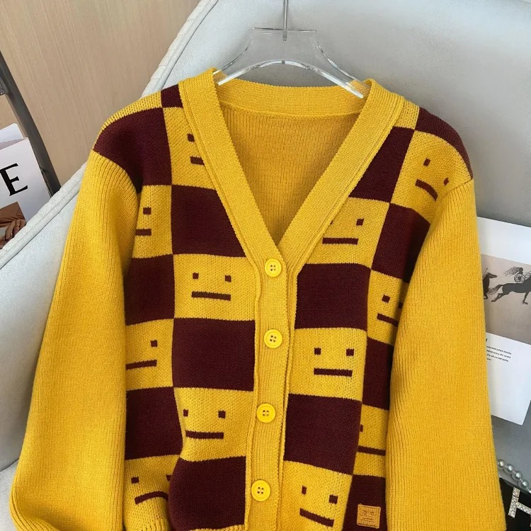 AC smiley face checkered knit cardigan loose unisex sweater