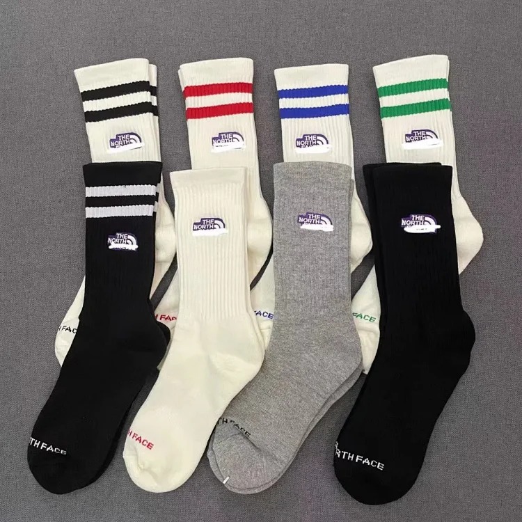 The North Face TNF North Face socks men's and women's long towel bottom purple label INS sports socks trendy brand two stripes skateboard socks