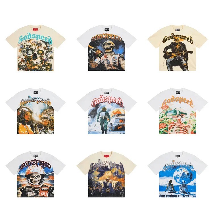 American trendy rock band retro skull print T-shirt pure cotton high street round neck loose men's and women's short sleeves