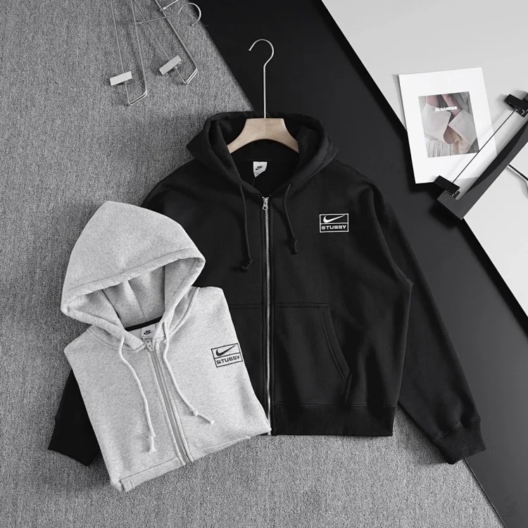 N.k x stus zipper drawstring hooded sweatshirt jacket
