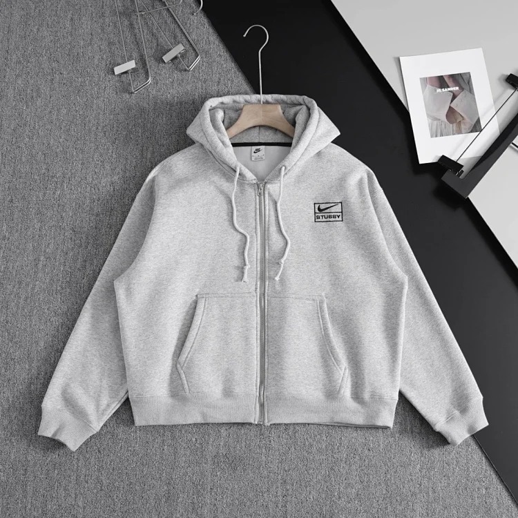 N.k x stus zipper drawstring hooded sweatshirt jacket