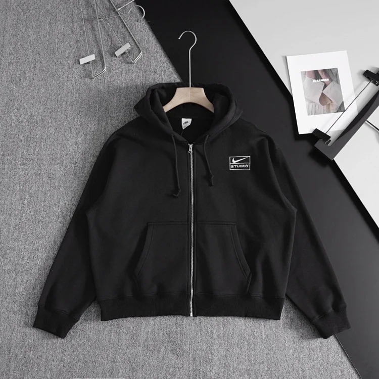 N.k x stus zipper drawstring hooded sweatshirt jacket