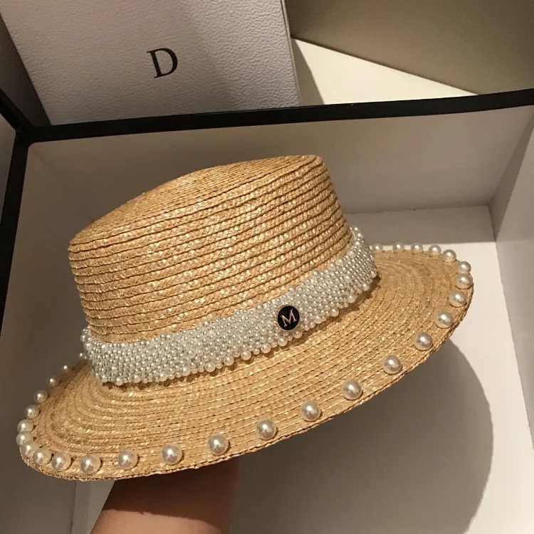 Japanese internet celebrity pearl straw hat women's summer seaside beach sun protection sun hat travel vacation flat top hat