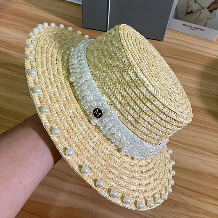 Japanese internet celebrity pearl straw hat women's summer seaside beach sun protection sun hat travel vacation flat top hat image 2
