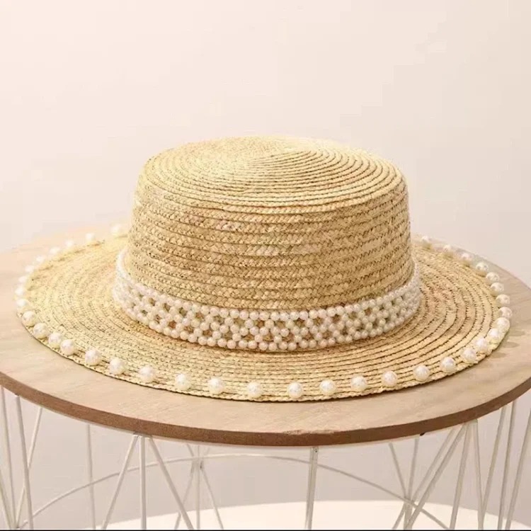 Japanese internet celebrity pearl straw hat women's summer seaside beach sun protection sun hat travel vacation flat top hat image 3