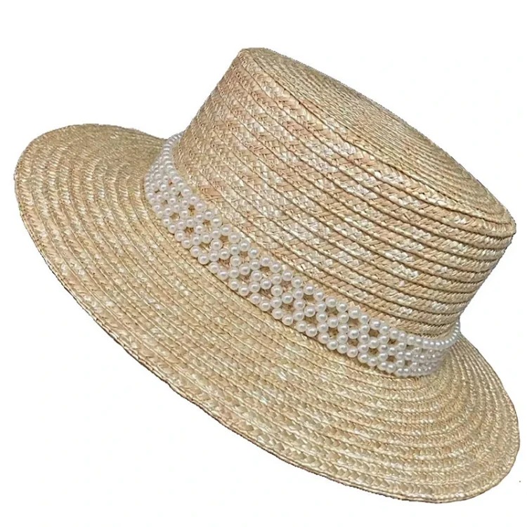 Japanese internet celebrity pearl straw hat women's summer seaside beach sun protection sun hat travel vacation flat top hat image 4