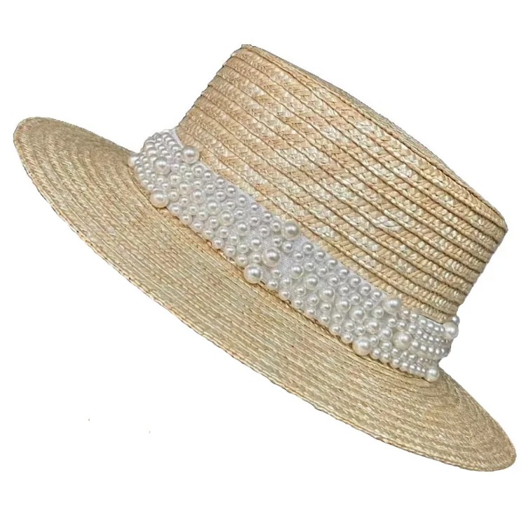Japanese internet celebrity pearl straw hat women's summer seaside beach sun protection sun hat travel vacation flat top hat image 5