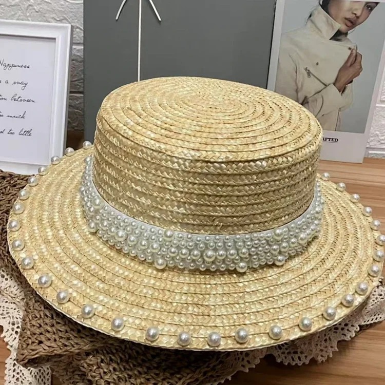 Japanese internet celebrity pearl straw hat women's summer seaside beach sun protection sun hat travel vacation flat top hat image 6