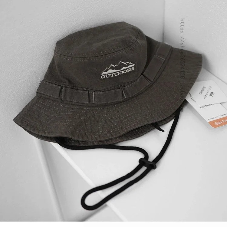 Japanese thin drawstring large brim fisherman hat for women breathable outdoor mountaineering sun protection hiking workwear retro basin hat for men