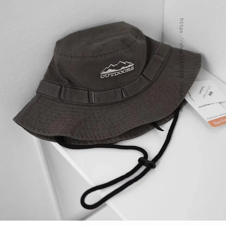 Japanese thin drawstring large brim fisherman hat for women breathable outdoor mountaineering sun protection hiking workwear retro basin hat for men