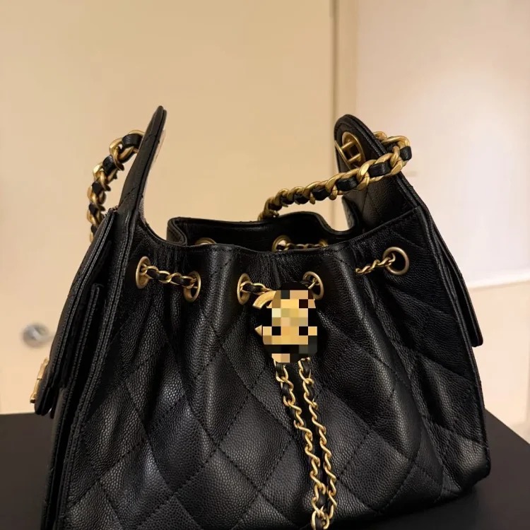 Caviar pattern Xiaoxiang 25C drawstring hobo bucket bag 25bag retro rhombus armpit women's bag single shoulder handbag image 3