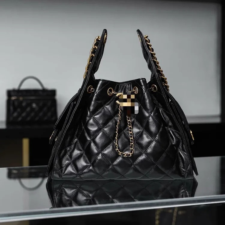 Caviar pattern Xiaoxiang 25C drawstring hobo bucket bag 25bag retro rhombus armpit women's bag single shoulder handbag image 4
