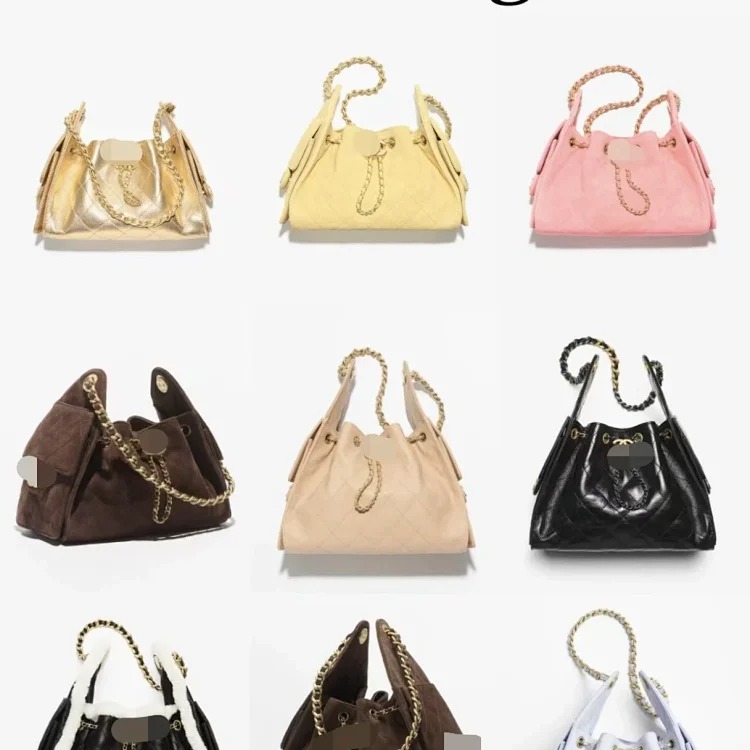 Caviar pattern Xiaoxiang 25C drawstring hobo bucket bag 25bag retro rhombus armpit women's bag single shoulder handbag image 5