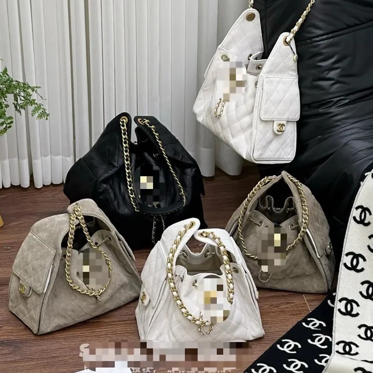 Caviar pattern Xiaoxiang 25C drawstring hobo bucket bag 25bag retro rhombus armpit women's bag single shoulder handbag image 6