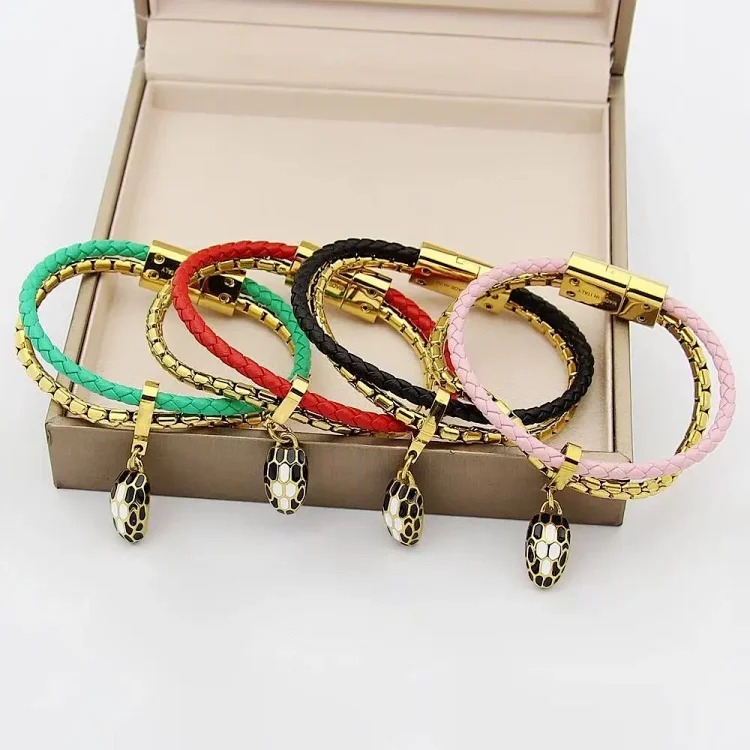 Year of the Snake Baojia's new double-layer bracelet for women classic snake head cowhide leather braided bracelet black agate white enamel pendant