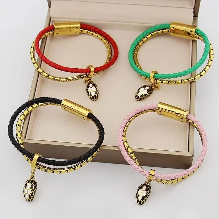 Year of the Snake Baojia's new double-layer bracelet for women classic snake head cowhide leather braided bracelet black agate white enamel pendant