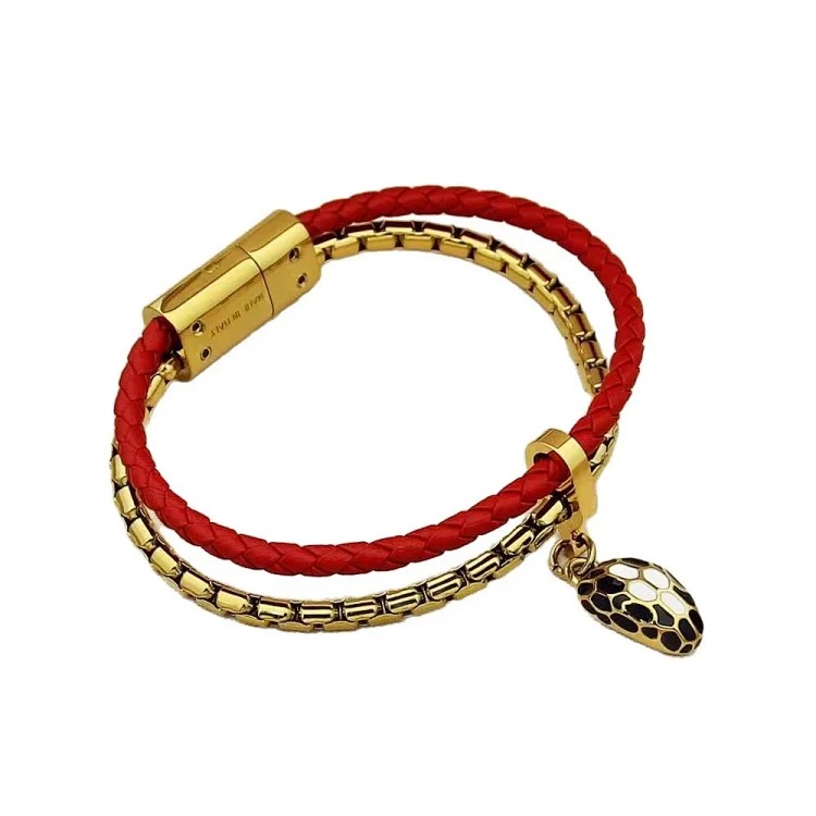 Year of the Snake Baojia's new double-layer bracelet for women classic snake head cowhide leather braided bracelet black agate white enamel pendant