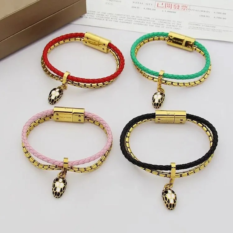 Year of the Snake Baojia's new double-layer bracelet for women classic snake head cowhide leather braided bracelet black agate white enamel pendant