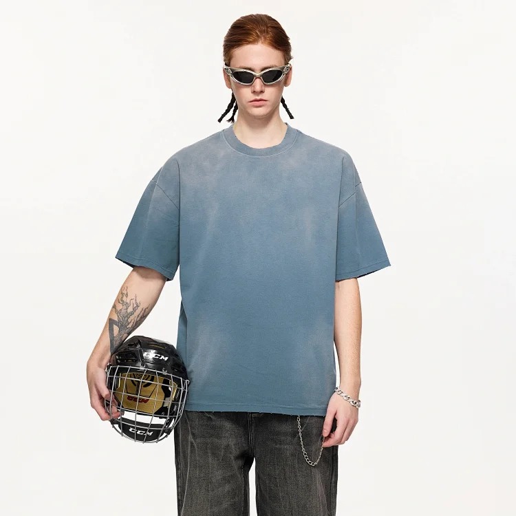 BK|Small turtleneck men's 270g American worn washed and distressed pure cotton t-shirt men's Bajia loose trendy brand men's short sleeves