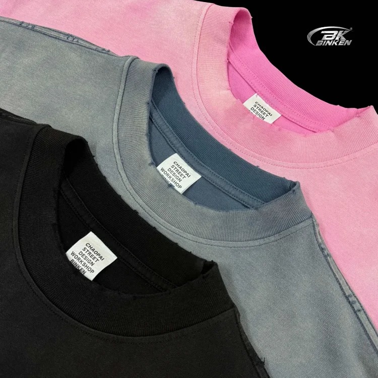 BK|Small turtleneck men's 270g American worn washed and distressed pure cotton t-shirt men's Bajia loose trendy brand men's short sleeves