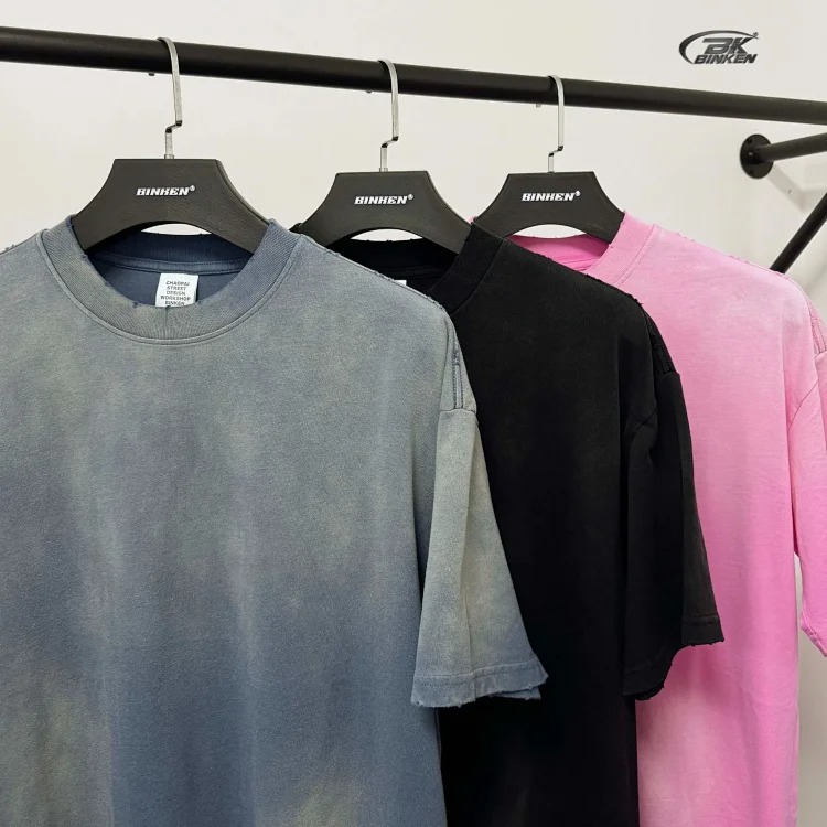 BK|Small turtleneck men's 270g American worn washed and distressed pure cotton t-shirt men's Bajia loose trendy brand men's short sleeves