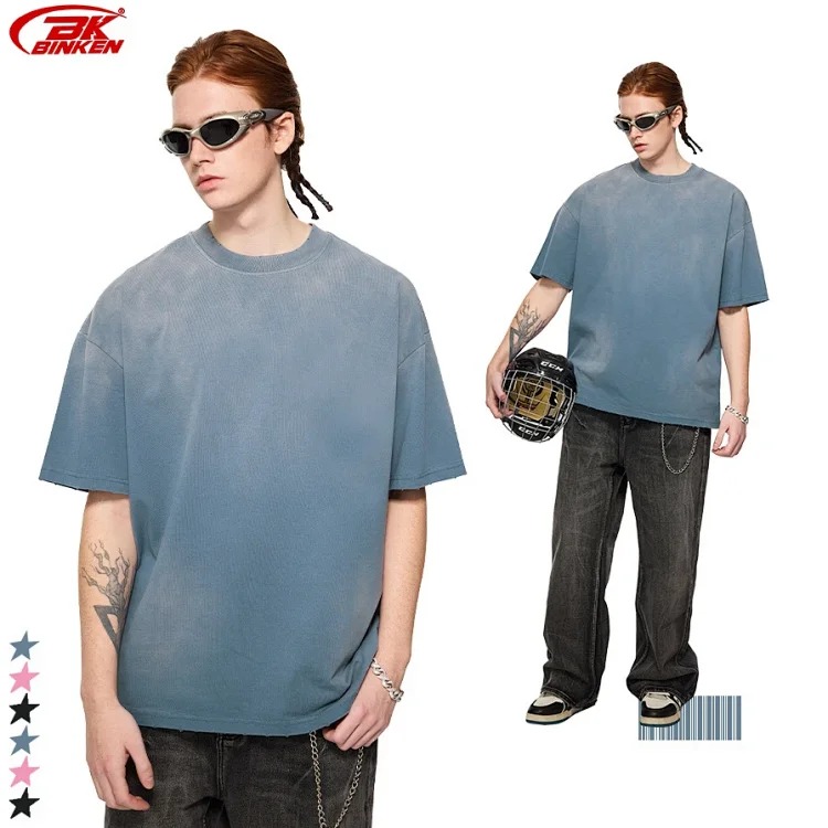 BK|Small turtleneck men's 270g American worn washed and distressed pure cotton t-shirt men's Bajia loose trendy brand men's short sleeves
