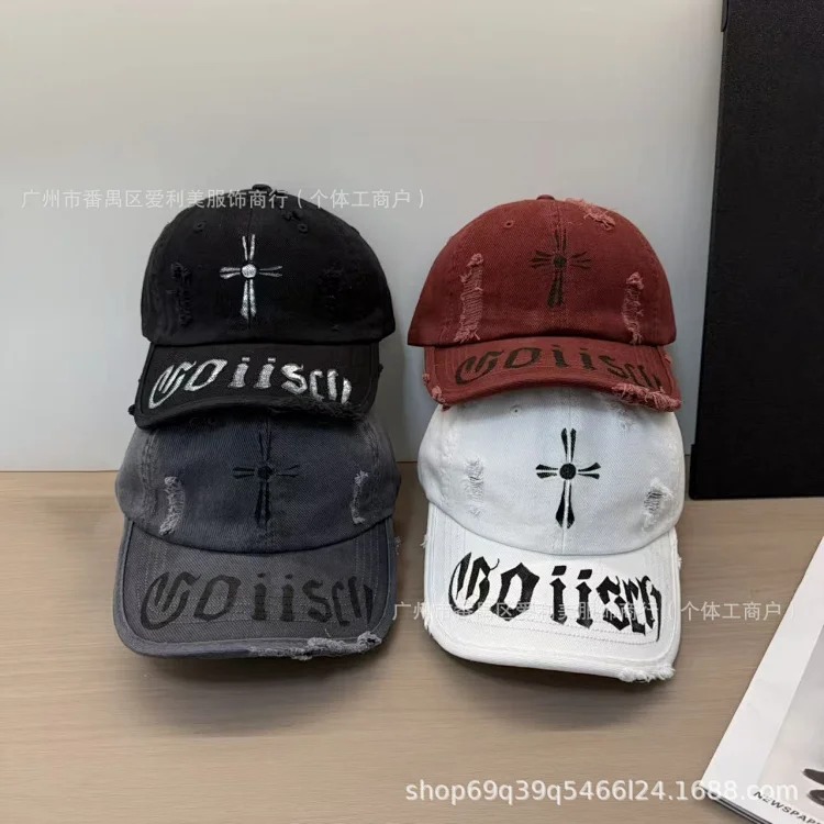 American retro distressed embroidered baseball cap, hole washed soft top peaked cap, small face visor for men and women