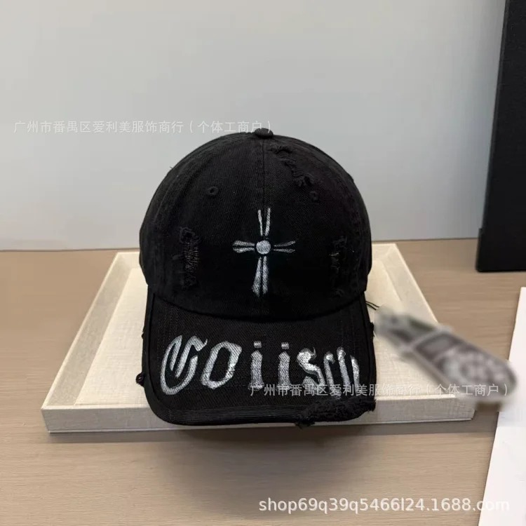 American retro distressed embroidered baseball cap, hole washed soft top peaked cap, small face visor for men and women