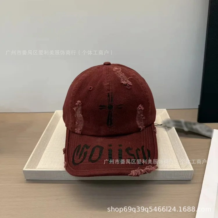 American retro distressed embroidered baseball cap, hole washed soft top peaked cap, small face visor for men and women
