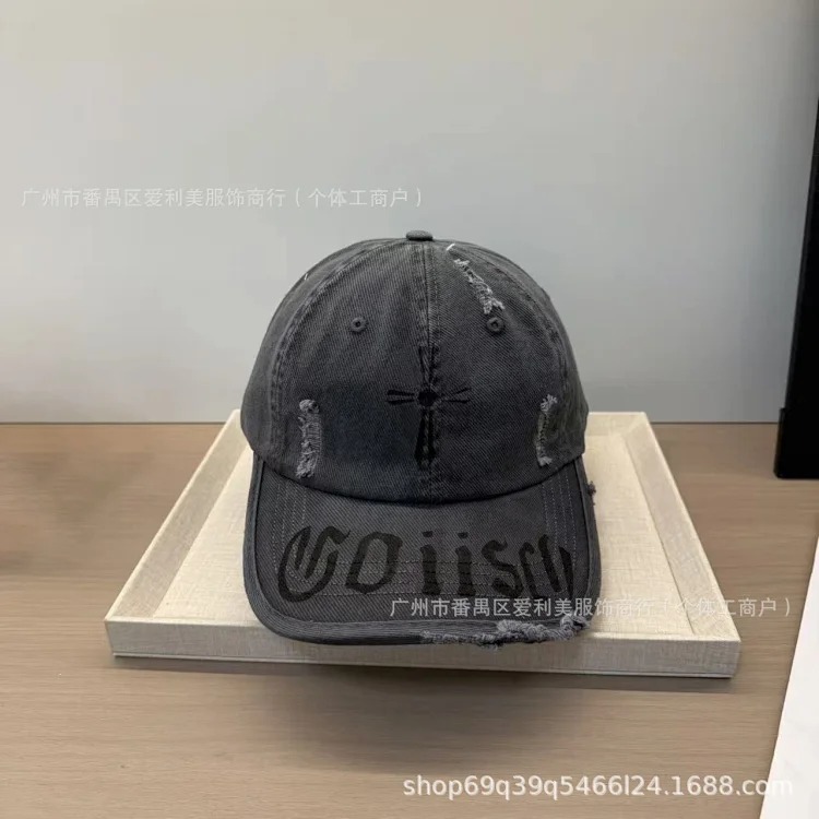 American retro distressed embroidered baseball cap, hole washed soft top peaked cap, small face visor for men and women