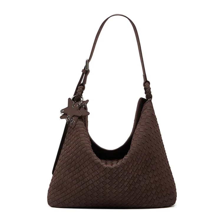 2025 new woven bag, fashionable suede frosted women's bag, simple and trendy large capacity single shoulder tote bag bucket bag