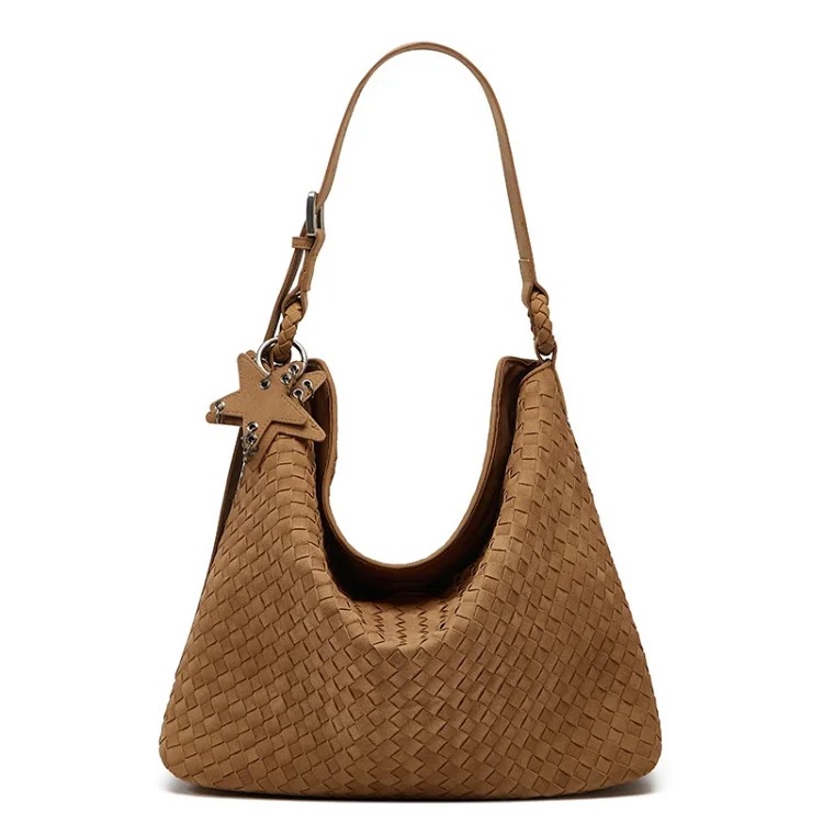 2025 new woven bag, fashionable suede frosted women's bag, simple and trendy large capacity single shoulder tote bag bucket bag image 2