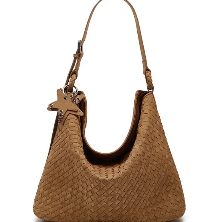 2025 new woven bag, fashionable suede frosted women's bag, simple and trendy large capacity single shoulder tote bag bucket bag image 3