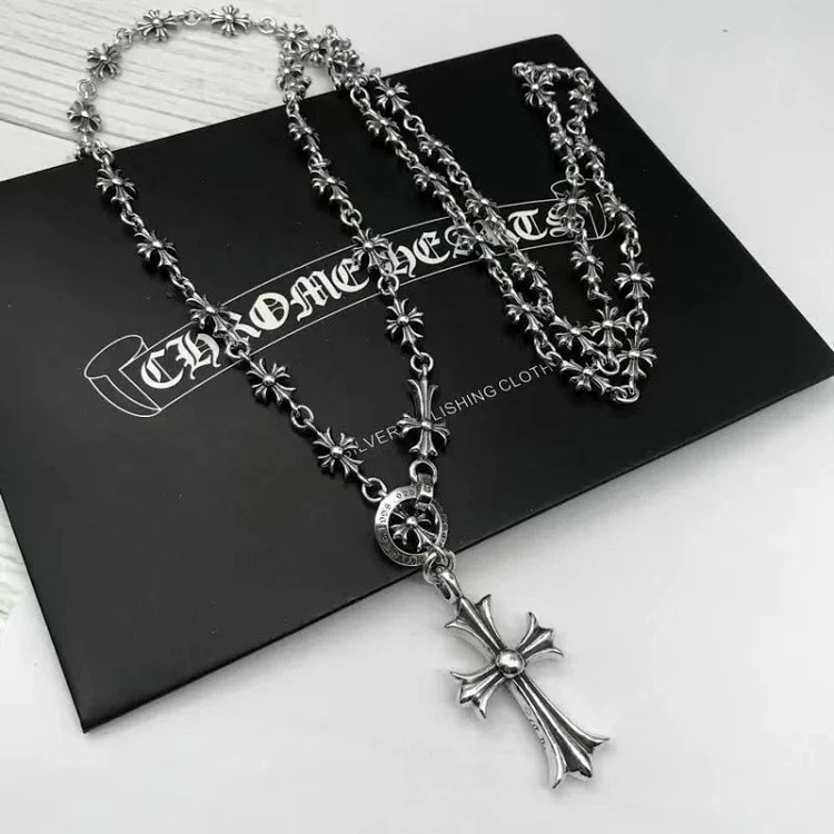 S925 sterling silver cross flower ball buckle waist trouser chain bag chain personalized retro European and American bag hanging chain thick