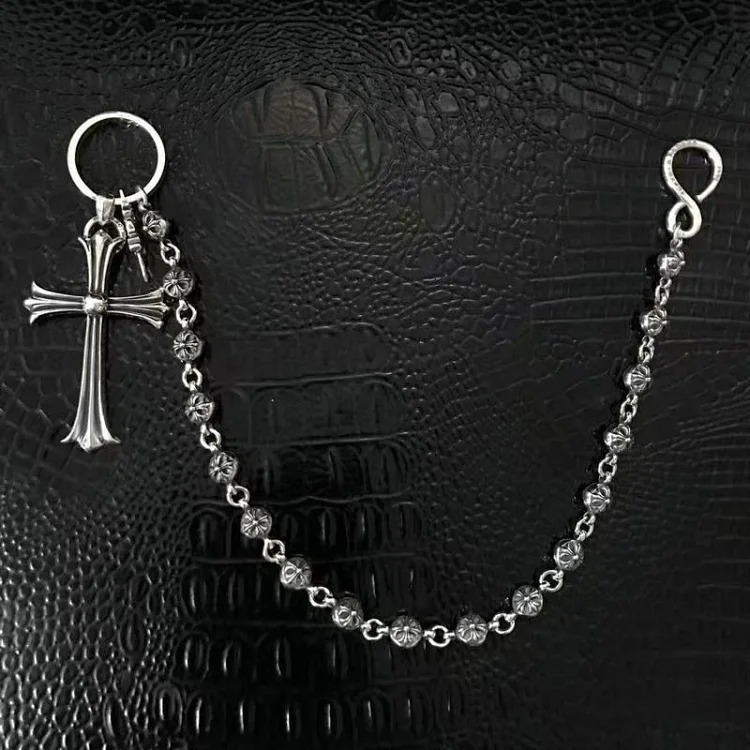 S925 sterling silver cross flower ball buckle waist trouser chain bag chain personalized retro European and American bag hanging chain thick