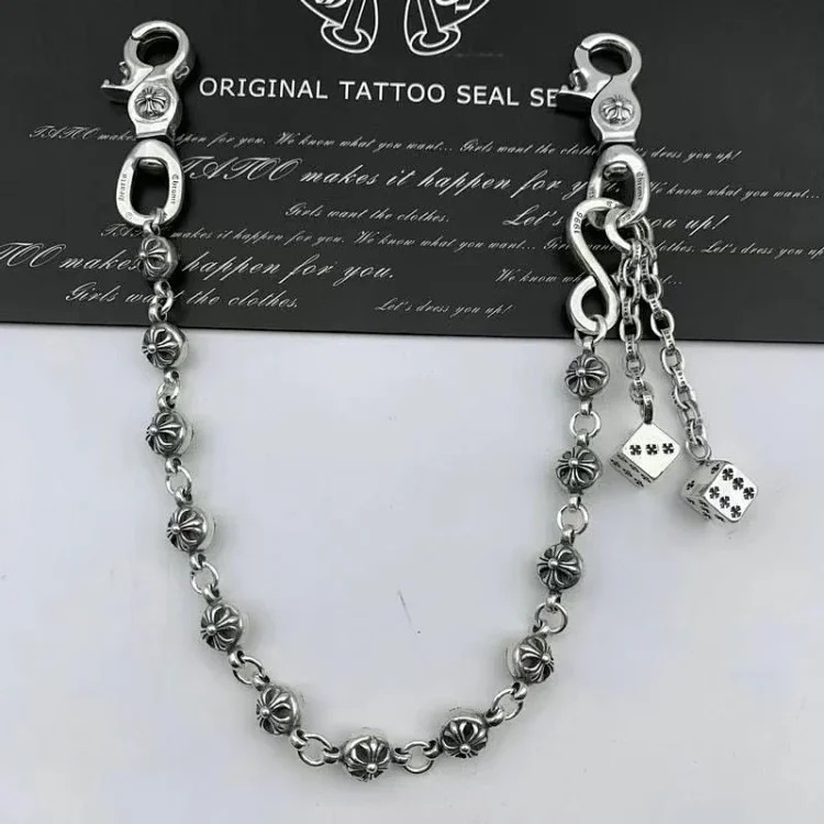 S925 sterling silver cross flower ball buckle waist trouser chain bag chain personalized retro European and American bag hanging chain thick