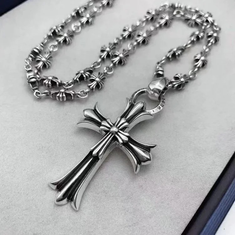S925 sterling silver cross flower ball buckle waist trouser chain bag chain personalized retro European and American bag hanging chain thick