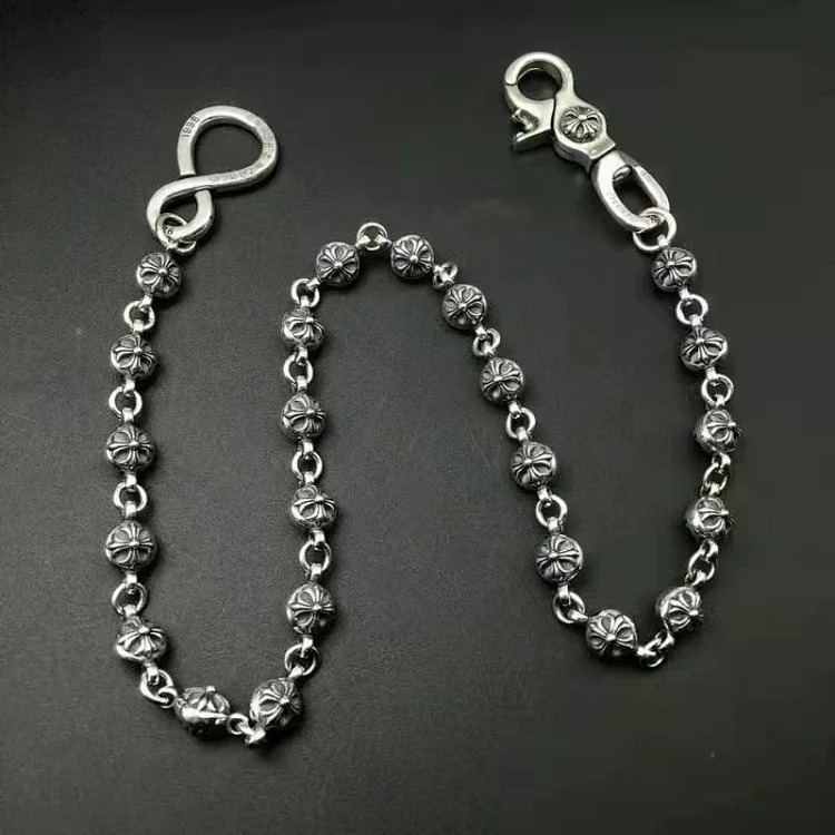 S925 sterling silver cross flower ball buckle waist trouser chain bag chain personalized retro European and American bag hanging chain thick
