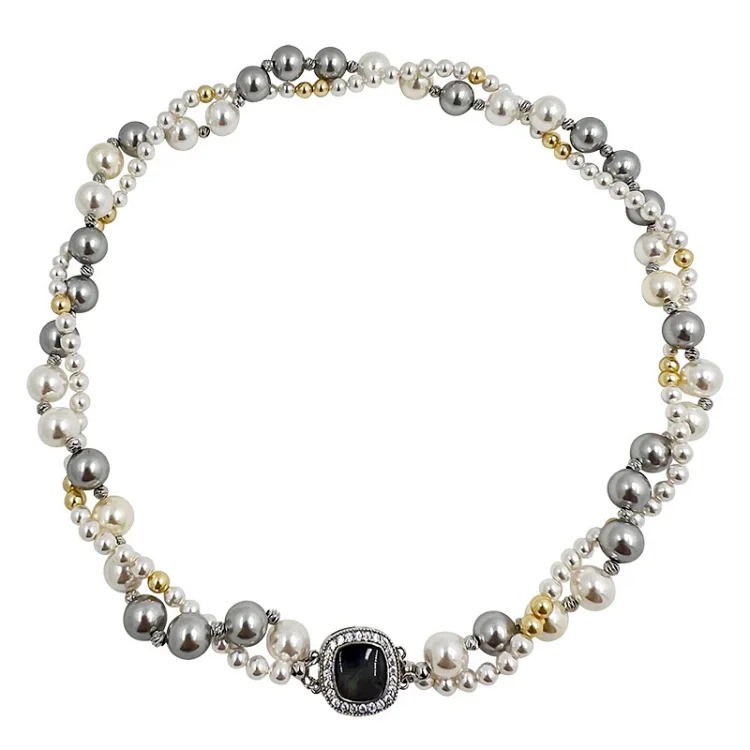 A two-stacked double-layered pearl necklace for women, light luxury and high-end mixed-color niche versatile autumn and winter sweater chain decoration