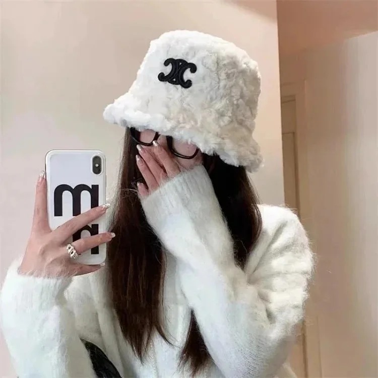 Celine Arc de Triomphe furry fisherman's hat lamb velvet autumn and winter plush hat women's warm and windproof three-dimensional embroidered basin hat-1520