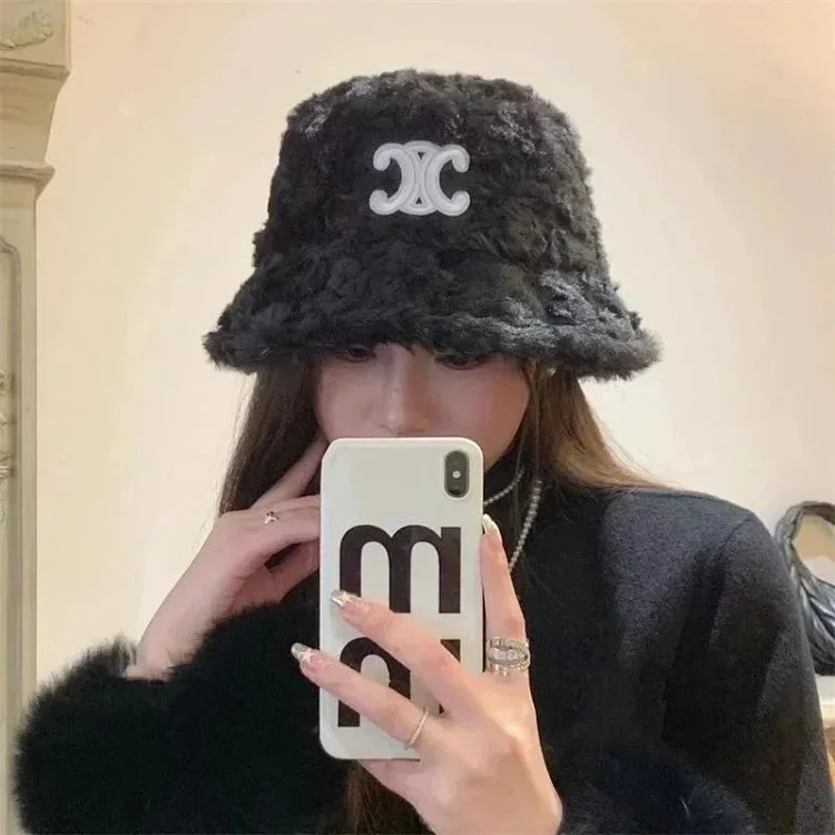 Celine Arc de Triomphe furry fisherman's hat lamb velvet autumn and winter plush hat women's warm and windproof three-dimensional embroidered basin hat-1520