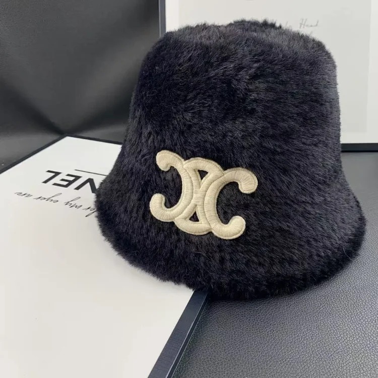 Celine Arc de Triomphe furry fisherman's hat lamb velvet autumn and winter plush hat women's warm and windproof three-dimensional embroidered basin hat-1520