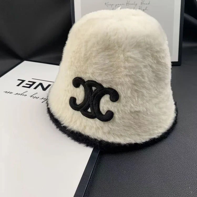 Celine Arc de Triomphe furry fisherman's hat lamb velvet autumn and winter plush hat women's warm and windproof three-dimensional embroidered basin hat-1520