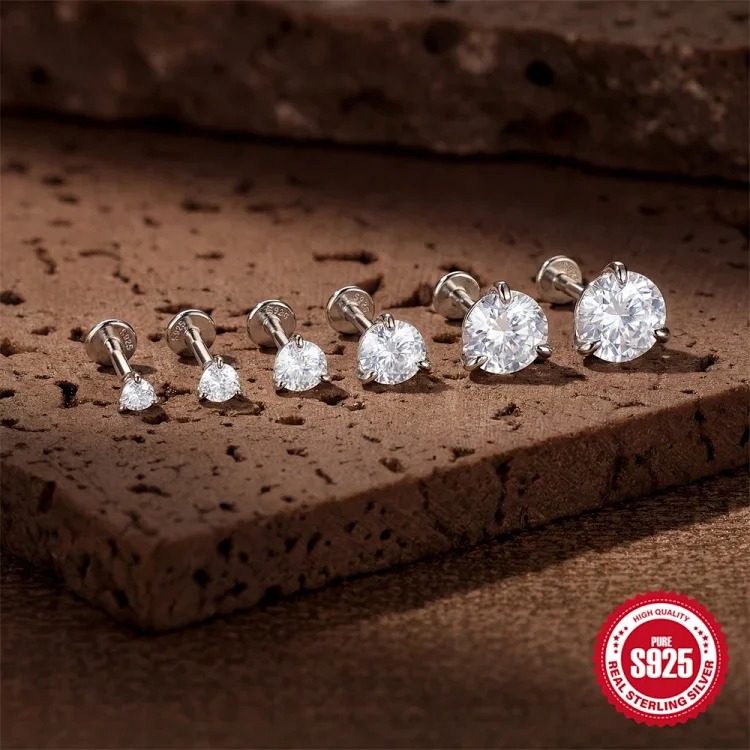 Hot selling S925 sterling silver moissanite classic three prong diamond flat head thread piercing bone nail high-end super flash earrings