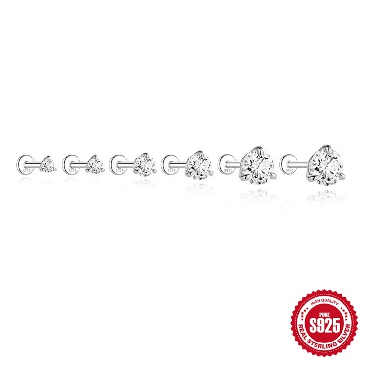 Hot selling S925 sterling silver moissanite classic three prong diamond flat head thread piercing bone nail high-end super flash earrings